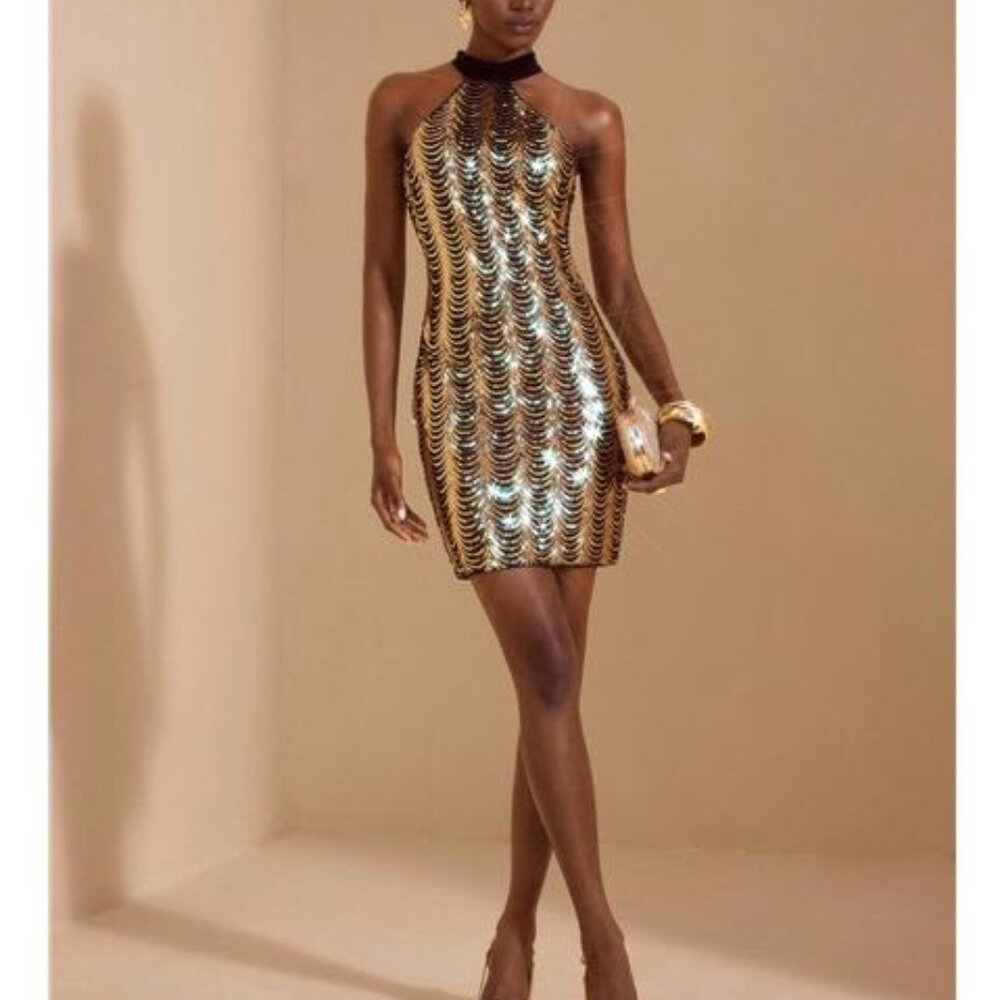 NEW - Elegant Black and Gold Sequin Halter‎ Bodycon Mini Dress Women Party